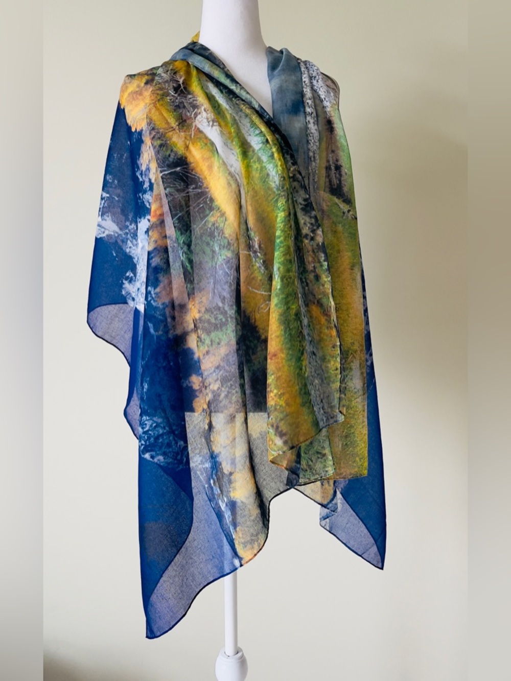 Scenic Print Lightweight Blue and Yellow Wrap or Scarf NWOT - Picture 2 of 5